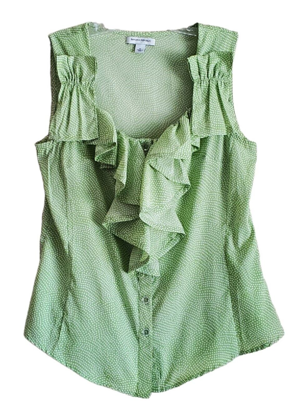 BANANA REPUBLIC Women M Blouse Sleeveless Ruffles Button Up Lime Green Bust 36"